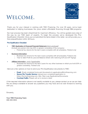 TMC Financing SBA Loan Pre-Qualification Checklist