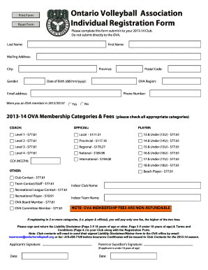 Ontario Volleyball Association Individual Registration Form