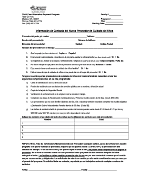 Información de Contacto del Nuevo Proveedor de Cuidado de Niños