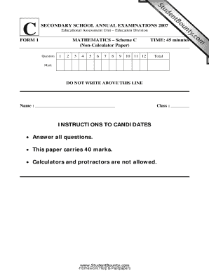 Form 1 Mathematics Exam Scheme C