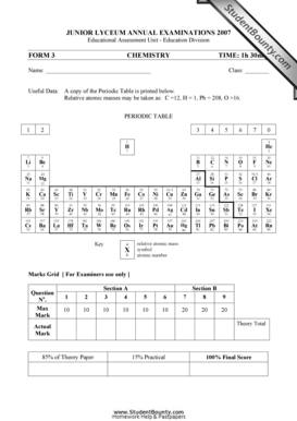 Junior Lyceum Chemistry Exam Form
