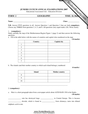 Junior Lyceum Geography Exam Form