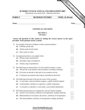 Junior Lyceum Business Studies Exam Form