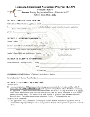 Louisiana LEAP Summer Testing Registration Form