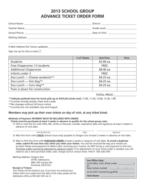 2013 School Group Advance Ticket Order Form