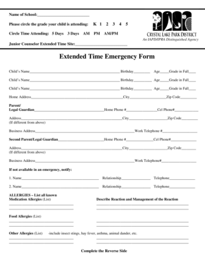 Crystal Lake Park District Extended Time Emergency Form
