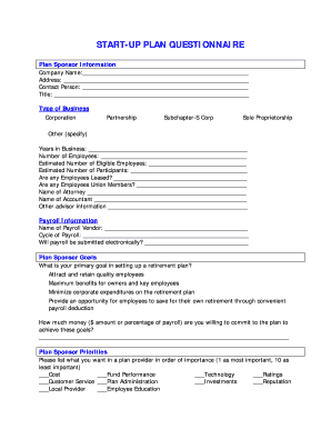 Retirement Plan Start-Up Questionnaire