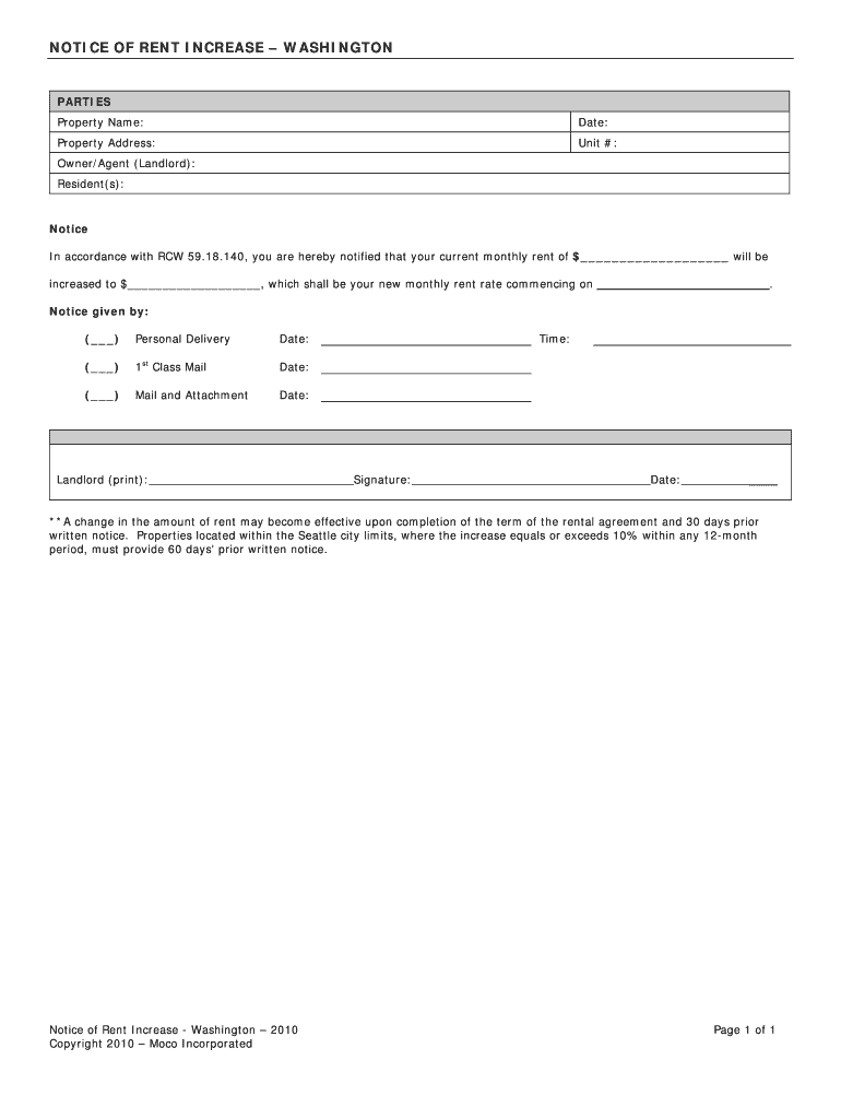 Fillable Online Notice of Rent Increase Washington Fax Email Print pdfFiller