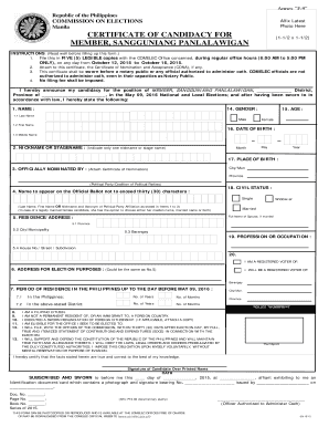 Certificate of Candidacy for Member, Sanggunian Panlalawigan