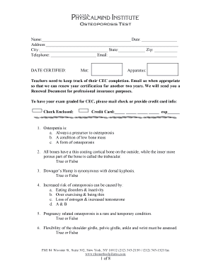 Osteoporosis Test Certification Form