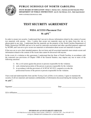 WIDA APT Test Security Agreement