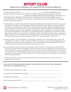 Ohio State University Sport Club Release and Indemnity Agreement