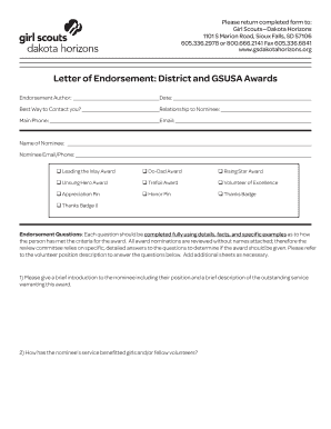 Proposal letter for event management - Letter of Endorsement District and GSUSA Awards - gsdakotahorizons