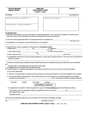 Michigan Non-Payment of Rent Complaint