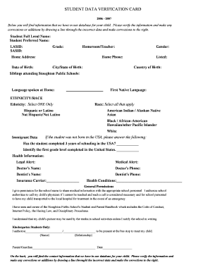 Student Data Verification Card