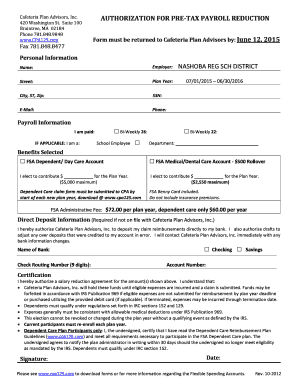 Cafeteria Plan Pre-Tax Payroll Reduction Authorization