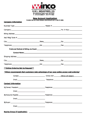 New Account Application for Food Service Industry