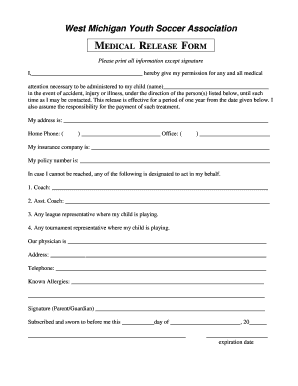 West Michigan Youth Soccer Medical Release Form