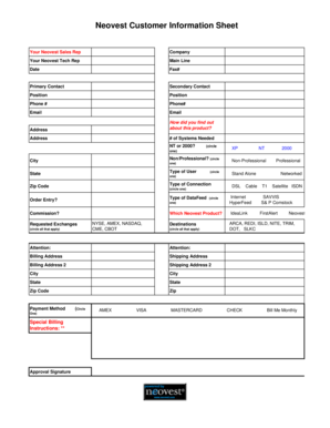 Neovest Customer Information Sheet