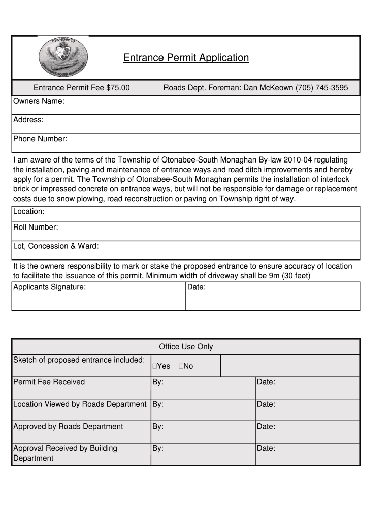 Fillable Online Entrance Permit Application osmtownshipca Fax Email