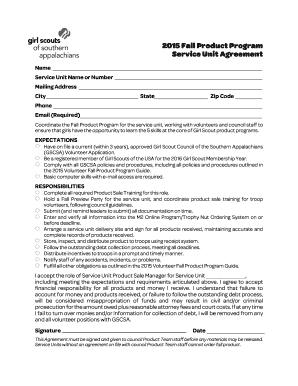 Girl Scout Fall Product Program Service Unit Agreement