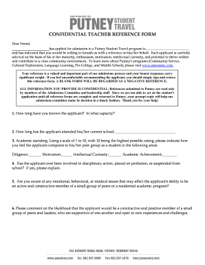 Recommendation letter for nanny - CONFIDENTIAL TEACHER REFERENCE FORM - Putney Student Travel