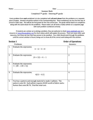 Summer Math Worksheet