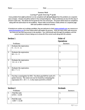 Summer Math Worksheet for 6th to 7th Grade