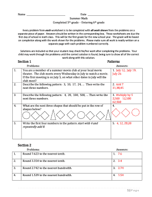 Summer Math Worksheets for 5th to 6th Grade