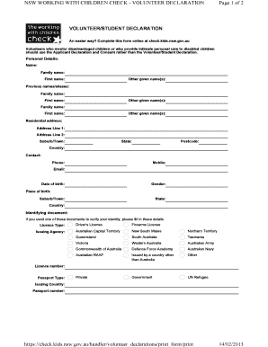 NSW Working With Children Check Volunteer Declaration