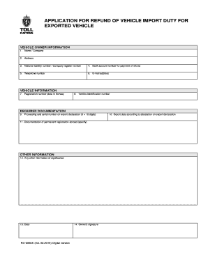 Application for Refund of Vehicle Import Duty for Exported Vehicle