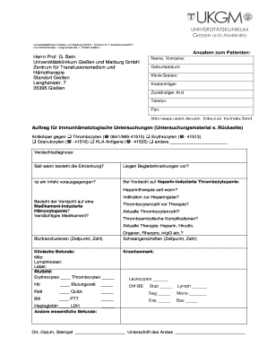Auftrag für immunhämatologische Untersuchungen