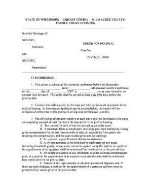 Wisconsin Divorce Pretrial Order