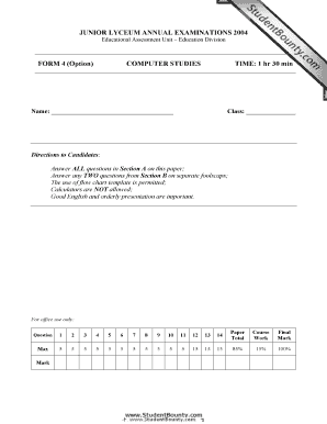 Junior Lyceum Computer Studies Exam Form 2004