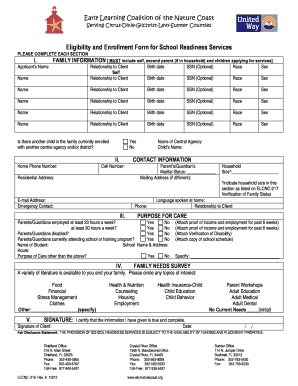 Early Learning Coalition School Readiness Enrollment Form