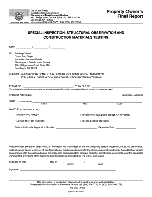 San Diego Special Inspection Completion Form