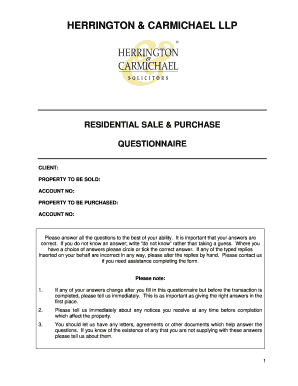 Residential Sale and Purchase Questionnaire