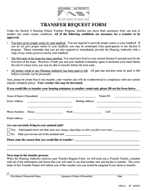 Section 8 Housing Voucher Transfer Request Form