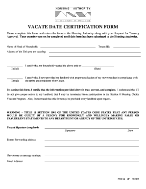 Vacate Date Certification Form