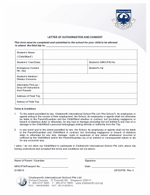 Letter of Authorization and Consent for School Field Trip