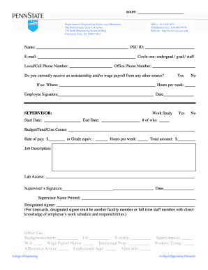 Pennsylvania State University Work Study Form