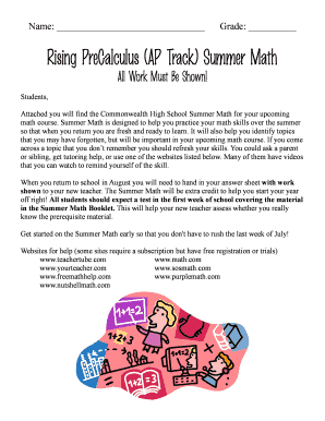 PreCalculus Summer Math Worksheet