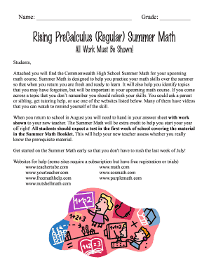 PreCalculus Summer Math Worksheet