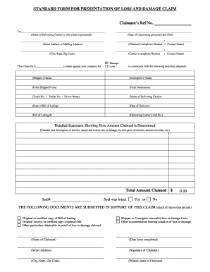 Standard Form for Presentation of Loss and Damage Claim