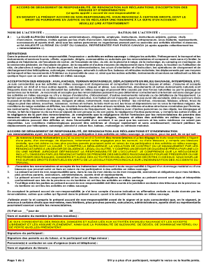 ACCORD DE DÉGAGEMENT DE RESPONSABILITÉ, DE RENONCIATION AUX RÉCLAMATIONS, D'ACCEPTATION DES RISQUES ET D'INDEMNISATION