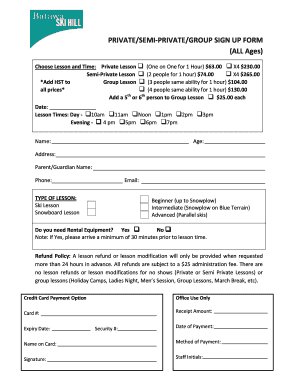 Private/Semi-Private/Group Ski Lesson Sign Up Form