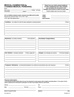 Camp Medical Examination Form