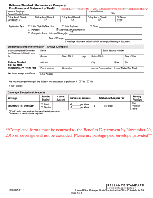 Reliance Standard Life Insurance Enrollment Form
