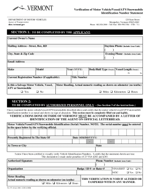 Vermont Vehicle/Vessel Identification Number Verification