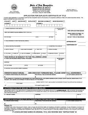 New Hampshire Duplicate Certificate of Title Application